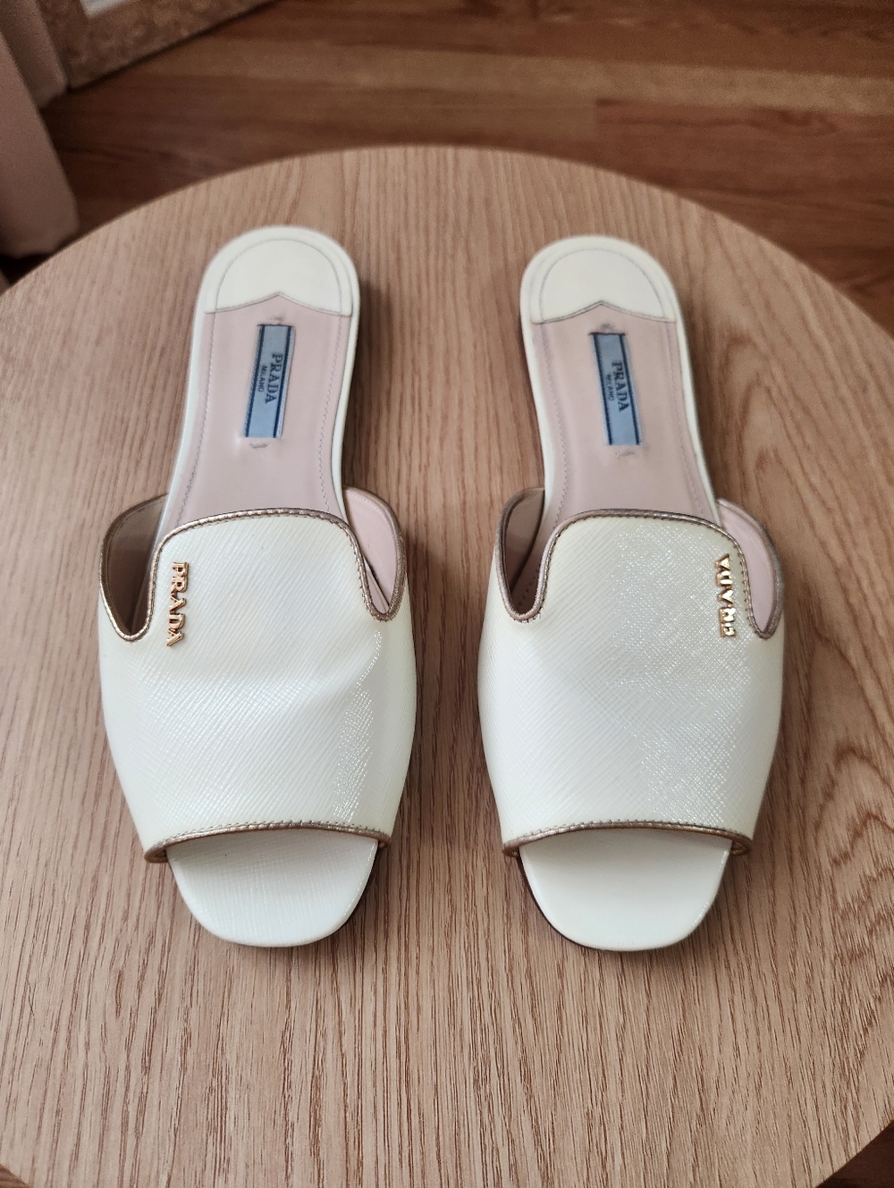 PRADA Ivory Saffiano Patent Leather Flat Slides